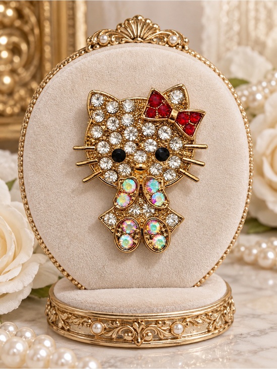 Hello Kitty Jewelry - Hello Kitty Vintage Style Rhinestone Brooch Gold Tone Red Bow